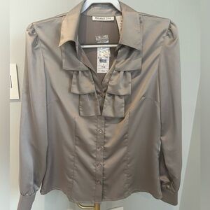 Melanie Lyne Taupe Satin Ruffle Front Blouse tag is now off